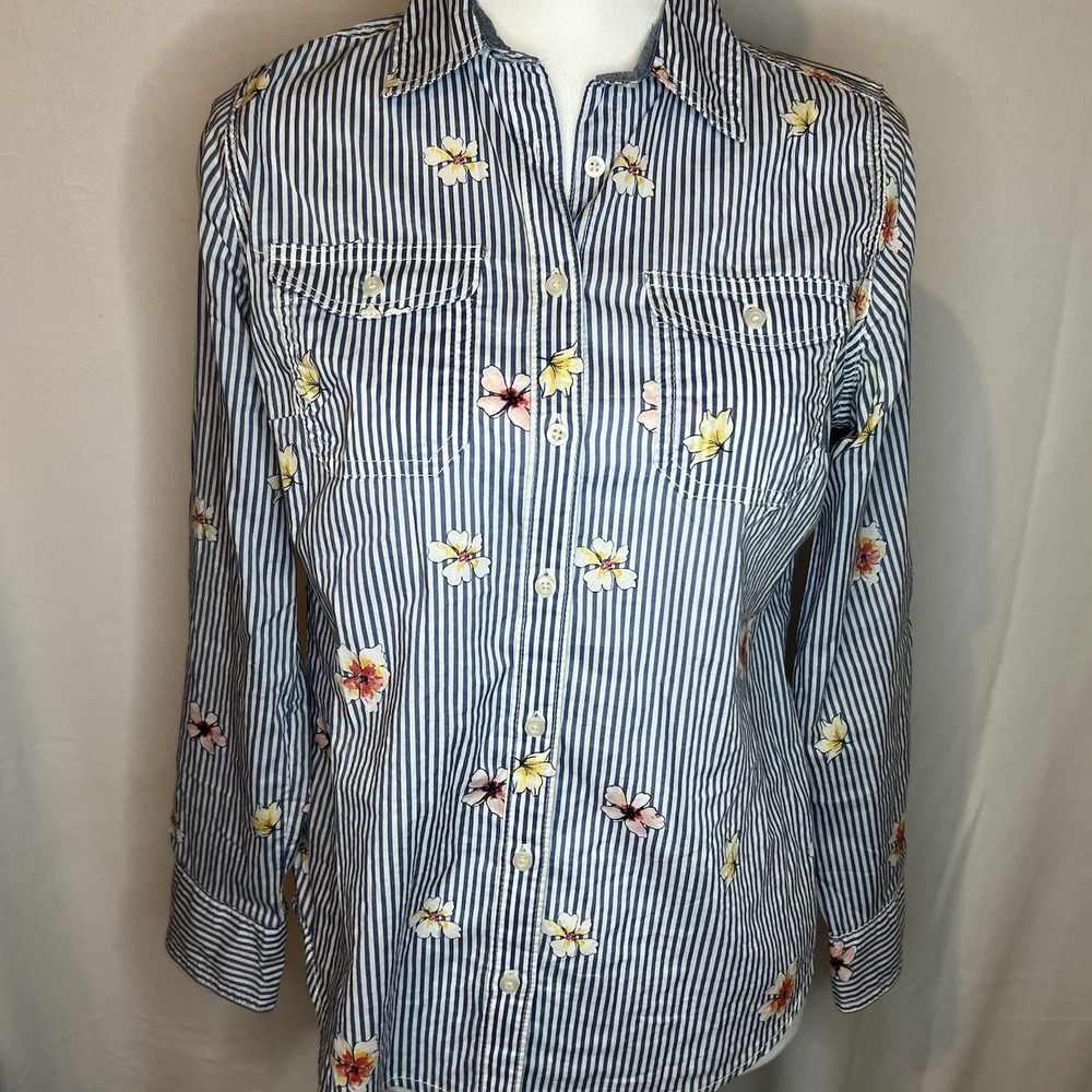 St Johns Bay Striped Floral Button Up Shirt Womens PS Petite Small Pockets